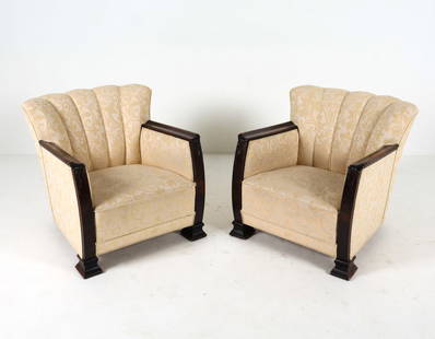 PAIR SWEDISH ART DECO LOUNGE CHAIRS: Circa 1940s. White and yellow-tone wool upholstery. Dimensions: H 29" x W 26.75" x D 28", SH 14.5" Condition: Rubbing and scuffs to armrests. Scattered blemishes to upholstery. Wear consistent with ag