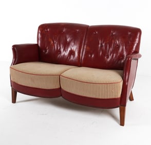 SCANDINAVIAN LEATHER & WOOL LOVESEAT SOFA C. 1960S