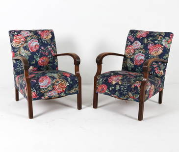 PAIR MID-CENTURY DANISH BEECH LOUNGE CHAIRS: Circa 1960s. Reupholstered in Floral wool upholstery. Dimensions: H 32.5" x W 23.5" x D 26", SH 15" Condition: Moderate rubbing and scuffs to armrests. Wear consistent with age and use. DMQ122