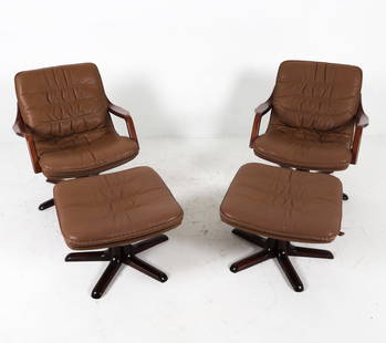 BERG FURNITURE C90 LEATHER LOUNGE CHAIRS OTTOMANS: (2) swivel chairs and matching ottomans. Marked Berg to undersides. Brown-tone leather upholstery with beech frames. Denmark, Circa 1970s. Dimensions: H 30" x W 27.5" x D 23.5", Sh 17" Ottoman: H 14.5