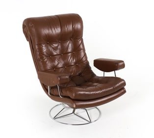 DANISH LEATHER & CHROME SWIVEL CHAIR C. 1970S