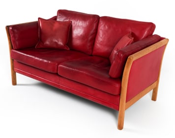 DANISH OAK & RED LEATHER SOFA C. 1970S