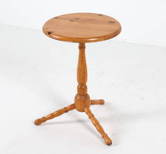 MID-CENTURY SWEDISH PINE TABLE OR STAND C. 1960S: Dimensions: H 22.5" x Dia 15" Condition: Moderate surface scratches. Wear consistent with age and use. DMQ010