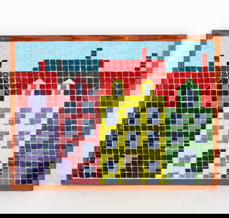 MID-CENTURY SCANDINAVIAN GLASS TILE MOSAIC: Dimensions: H 20.5" x W 27.75" Condition: Scuffs and nicks to frame. Presents well overall. DMQ034