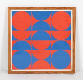 MID-CENTURY RED & BLUE GEOMETRIC SILKSCREEN