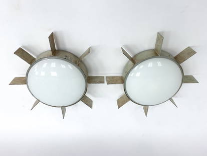 MANNER OF GIO PONTI SUN CEILING LIGHTS: Contemporary Gio Ponti style sun ceiling lights. Dimensions: H 4" x L 16" Condition: Scuffing and scratches to metal. Wires