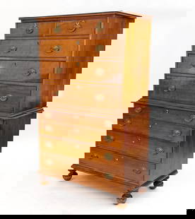 18TH C. CHIPPENDALE CHERRY CHEST ON CHEST: Two-piece chest of drawers each with 4-drawers. Brass hardware. Apparently unmarked. Dimensions: (Altogether) H 64.25" x W 37.25" x D 19.75" Condition: No key included, drawers slightly stiff, stress
