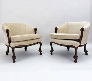 NAPOLEON III STYLE TWISTED ROPE & KNOT ARMCHAIRS: Pair of armchairs in cream-colored fabric with carved designs on arms and legs of tassels and rope. Unmarked. Dimensions: H 28" x W 27" x D 28" x SH 18.5" Condition: Couple stains to seat cushions. Li