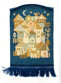 MID CENTURY WOVEN TAPESTRY HOUSES & CAT