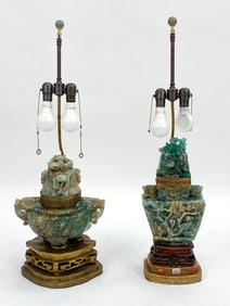 PAIR CHINESE CARVED JADE GREEN QUARTZ LAMPS