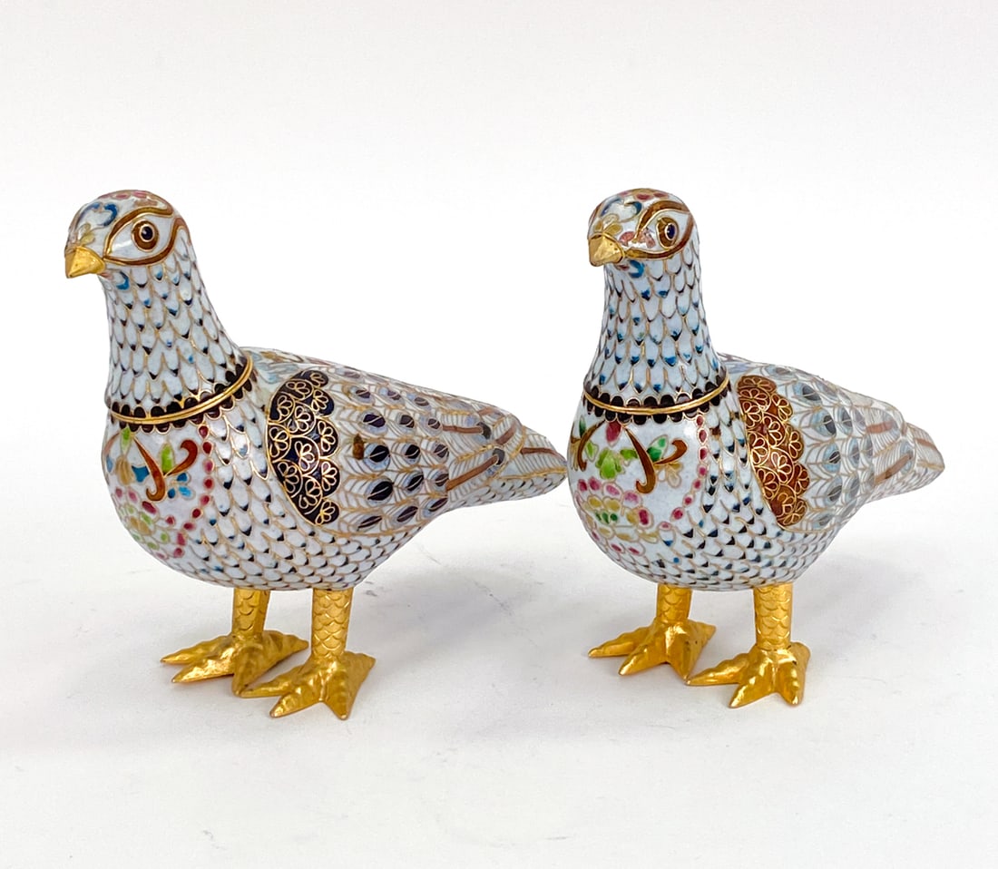 PAIR OF CHINESE CLOISONNE ENAMEL PIGEONS: enamel and gilt brass Dimensions: H 6.5" x W 7" Condition: Wear consistent with age.