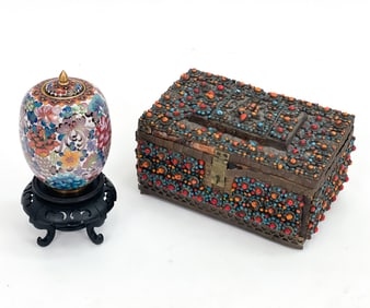CHINESE CLOISONNE VASE AND BEADED BOX