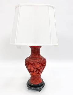 19TH CENTURY CHINESE CARVED CINNABAR LAMP: Large 19th Century Chinese Carved Cinnabar Table Lamp. Apparently unmarked. Dimensions: W 8" x H 28" x L 8" Condition: Very little loss of color to cinnabar base. Lamp shade is torn. In need or repair