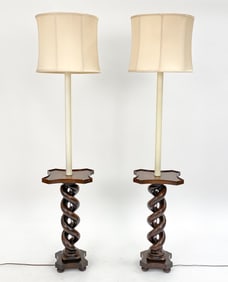 PAIR OF WALNUT SPIRAL SIDE TABLE FLOOR LAMPS