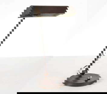 SCANDINAVIAN DESK LAMP C. 1960S: Iron weighted base. Dimensions: H 14.5" x W 8" x D 6.5". Condition: Wiring untested, cord cut. Some tarnishing and discoloration to metal. Wear consistent with age and use.