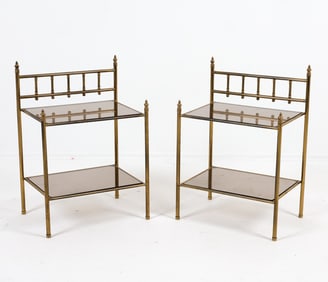 PAIR MID-CENTURY BRASS & SMOKED GLASS SIDE TABLES