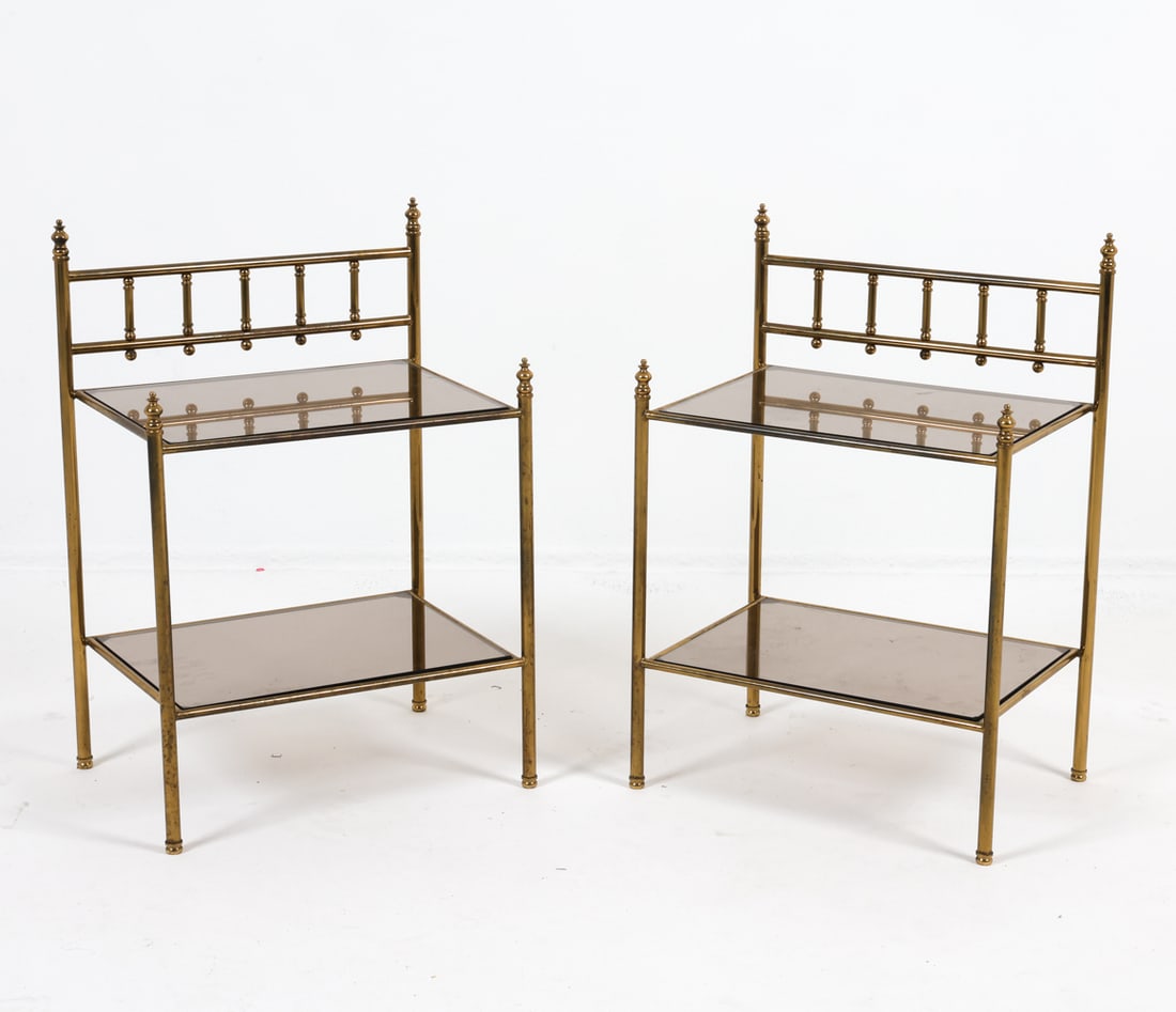 PAIR MID-CENTURY BRASS & SMOKED GLASS SIDE TABLES (1 of 16)