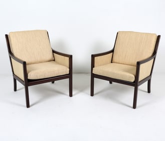 PAIR OLE WANSCHER MAHOGANY & WOOL LOUNGE CHAIRS