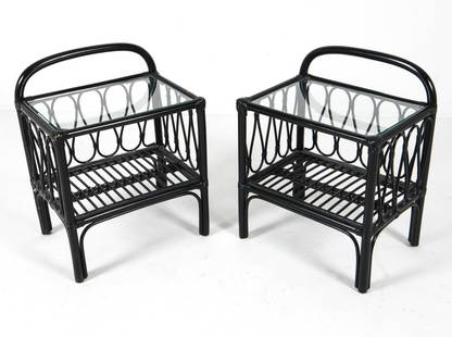 PAIR SCANDINAVIAN BAMBOO SIDE TABLES C. 1970S: Black painted bamboo side tables with glass tops. Dimensions: H 25.25" x W 19.25" x D 14.25". Condition: Scuffs and scratches to painted finish. Minor surface dust soiling. Missing one glass top. Wear