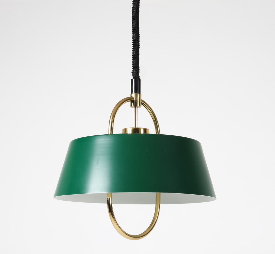JO HAMMERBORG 'HERCULES' PENDANT LIGHT C. 1970S: For Fog & Morup. Aluminum shade with brass toned metal accents. Pulley system for elevation. Denmark, circa 1970s. Dimensions: H 16.5" x Dia. 16.5". Condition: Wiring untested. Few scuffs and rubs to