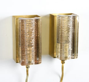 PAIR OF VITRIKA BRASS & GLASS SCONCES C. 1970S