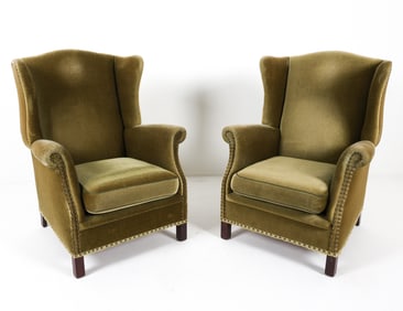PAIR DANISH MOHAIR WINGBACK CHAIRS C. 1960S