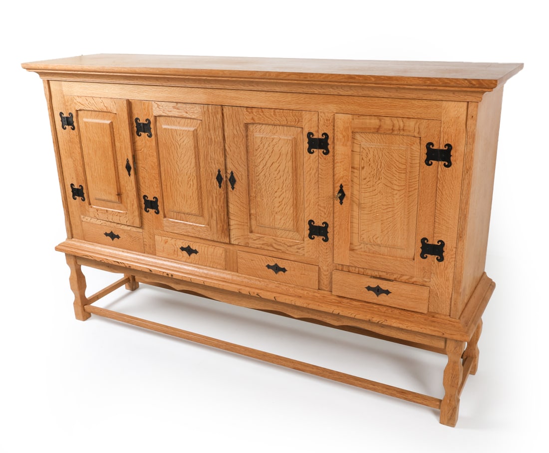 HENNING KJAERNULF STYLE DANISH OAK SIDEBOARD 1970S: Key included. Solid oak sideboard with metal hardware. Dimensions: H 45.75" x W 71.5" x D 18". Condition: Few minor scuffs and scratches, presents well overall.