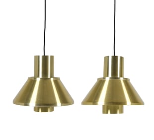 PAIR BRASS TONED SCANDINAVIAN PENDANT LIGHTS 1970S
