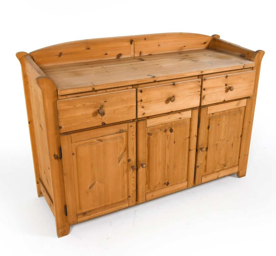 SWEDISH PINE BUFFET CABINET: Adjustable shelves in cabinets. Dimensions: H 38" x W 55" x D 19.25". Condition: Minor scuffs and scratches. Wear consistent with age and use. PER F109