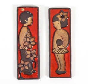 PAIR OF SOHOLM DANISH CERAMIC PLAQUES W/ FIGURES