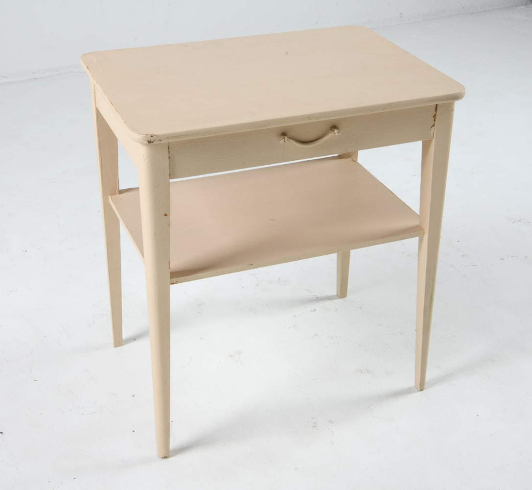 VINTAGE SCANDINAVIAN PAINTED SIDE TABLE: Dimensions: H 20.25" x W 18" x D 13". Condition: Some flaking to paint. Scuffs and scratches. Wear consistent with age and use.