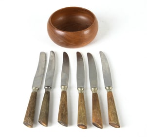 MID-CENTURY KNIFE & LONBORG TEAK BOWL GROUPING