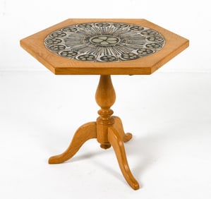 AGE LARSENS OAK & OX ART CERAMIC SIDE TABLE 1970S