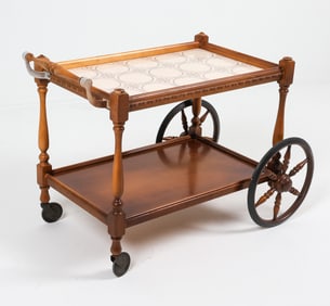 VINTAGE PRL BEECH & CERAMIC BAR CART, C. 1970S