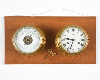 SCHATZ BRASS SHIPS CLOCK & BAROMETER C. 1970S