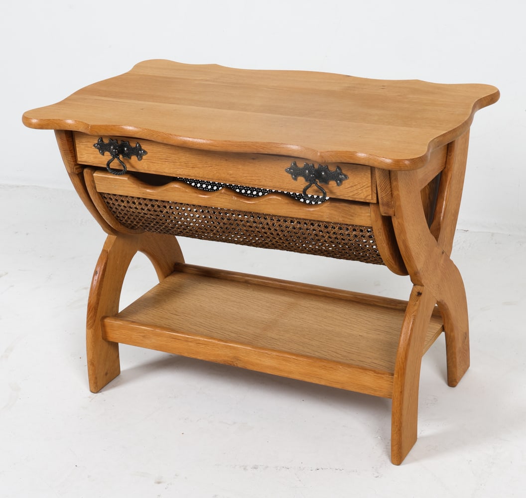 HENNING KJAERNULF STYLE OAK SEWING CHEST C. 1970S: Oak sewing chest. Removable drawer with caning. Denmark, circa 1970s. Dimensions: H 22.5" x W 29.5" x D 17". Condition: Few minor scuffs, good presentation overall.