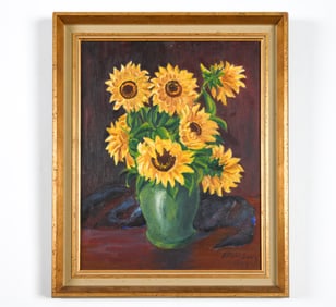 VINTAGE STILL LIFE SUNFLOWERS PAINTING O/B