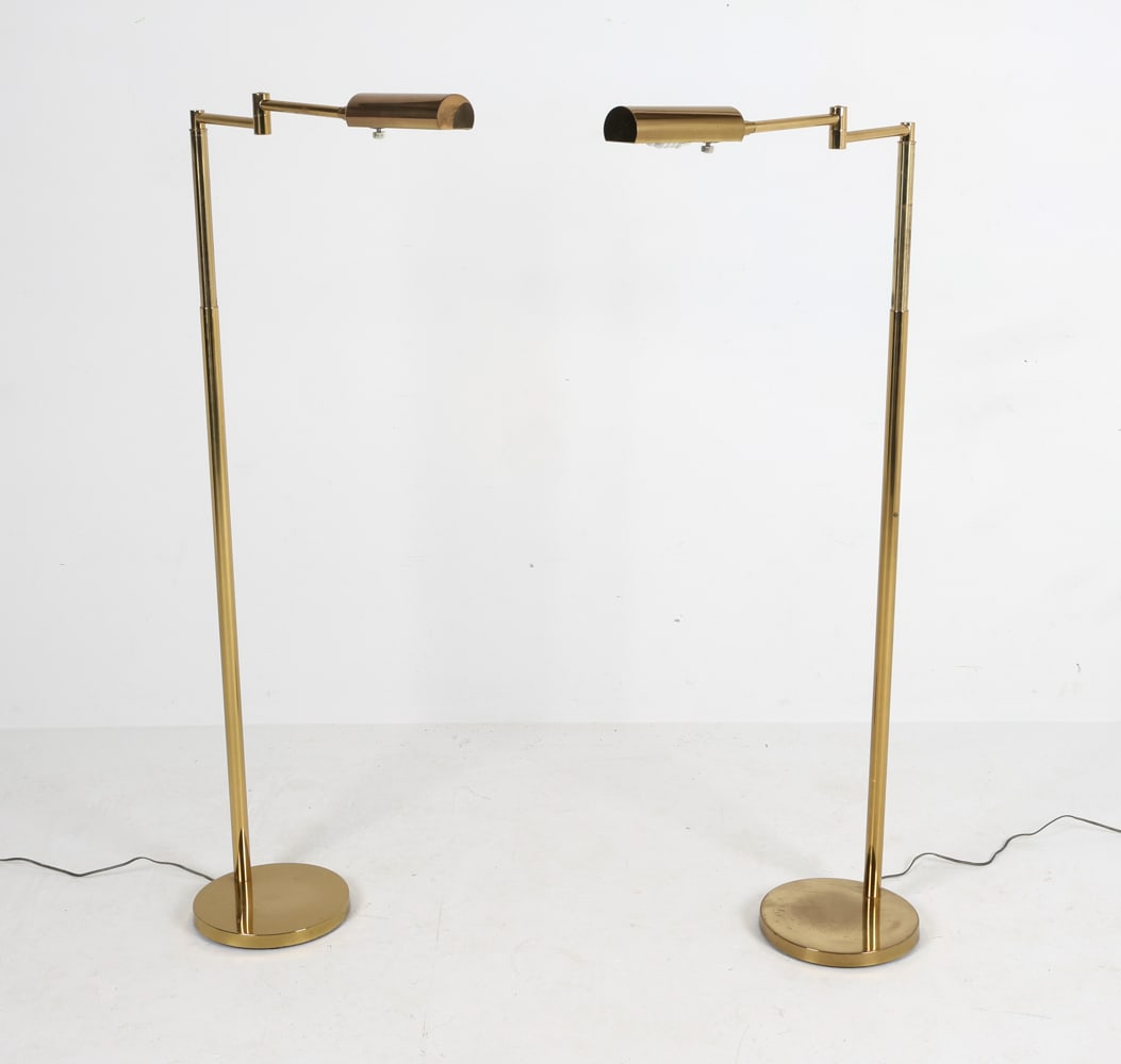 PAIR OF KOCH & LOWY ADJUSTABLE BRASS FLOOR LAMPS: Labeled on top arm. 20th century. Dimensions: (lowest) H 42" x W 18.5" x D 10". Condition: Good vintage condition. Wiring not tested.