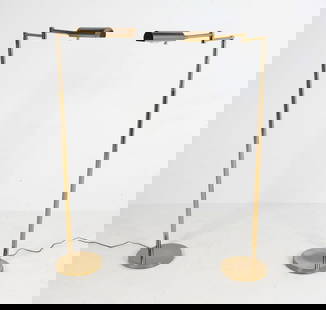 PAIR OF KOCH & LOWY ADJUSTABLE BRASS FLOOR LAMPS: Labeled on top arm. 20th century. Dimensions: (lowest) H 42" x W 18.5" x D 10". Condition: Good vintage condition. Wiring not tested.