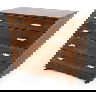 RAYMOND LOEWY FOR MENGEL CHEST OF DRAWERS: Mahogany chest of drawers with brushed steel drawer pulls. American, circa 1950s. Dimensions: H 32" x W 34.5" x D 19.25". Condition: Scuffs and dings, shallow gouge to drawer fronts. Some scuffs to me