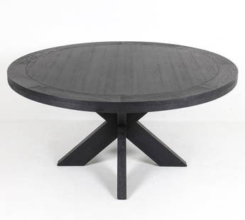 RESTORATION HARDWARE OAK DINING TABLE: From Restoration Hardware. Oak in black tone. X-base. Dimensions: H 29.5" x Dia. 60". Condition: Very good used condition.