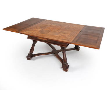 ANTIQUE 19TH C. PARQUETRY INLAID DINING TABLE: Includes (2) leaves. Partial Paris label underneath. Dimensions: H 29" x W 48" x D 48" (leaf) W 19". Condition: Showing signs of wear including scratches, watermarks, old worming (not active) and loss