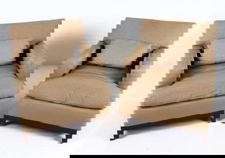 DAVID KLEINBERG CUSTOM LOUNGE CHAIRS: Contemporary. David Kleinberg Design Associates, New York Dimensions: H 32" x W 30.5" x D 33" x SH 17". Condition: Minor signs of wear to fabric, few faint discolored spots. Good presentation overall.