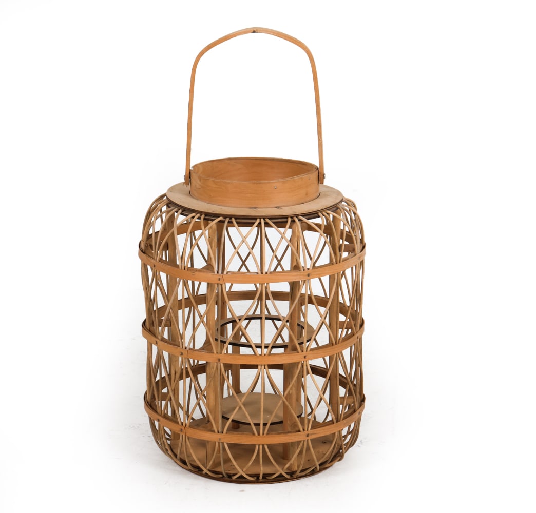 JOSS & MAIN LATONIA BAMBOO TABLETOP LANTERN: Dimensions: H 21" x Dia. 14". Condition: One break to lattice weaving. Slight dust surface soiling.
