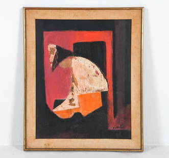 LILLIAN GELTMAN (1903-1998) ABSTRACT MIXED MEDIA: Abstract composition with oil paint, collage, and felt-tip marker on masonite. Signed lower right. 1994 Exhibition label from the National Association of Women Artists verso gives title "Oriental". Di