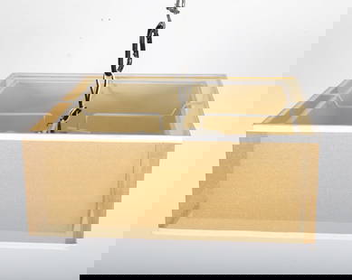 CONTEMPORARY SQUARE CEILING LIGHT: Vinyl sides with glass lower shade. Dimensions: H 6.25" x W 15" x D 15". Condition: Wiring untested. No issues to note.