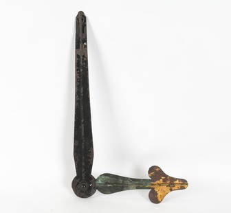 LARGE ANTIQUE COPPER CLOCK HANDS: Dimensions: L 29.5" x W 6" x D 1.75" Condition: Moderate paint loss and oxidation to finish. No rotating mechanism. Wear consistent with age and use.
