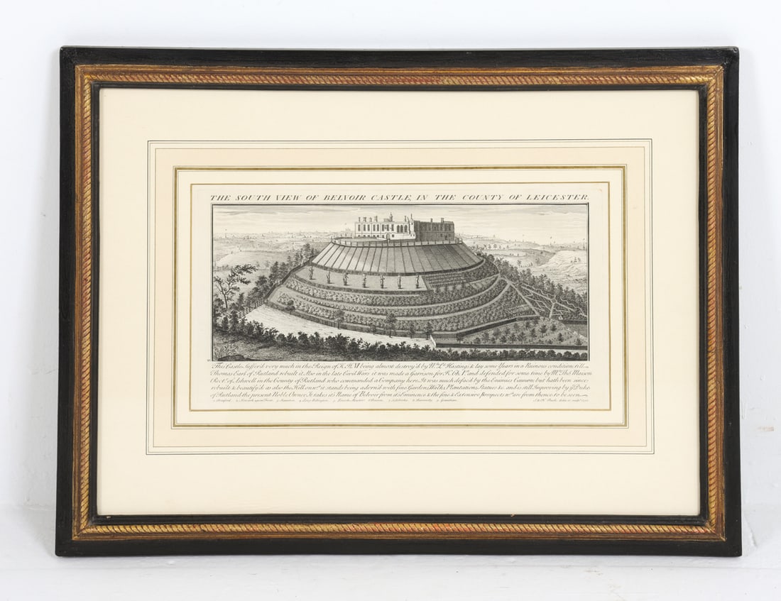 ANTIQUE 'VIEW OF THE BELVOIR CASTLE' PLATE ETCHING: Frame: H 18" x W 24.5" Sight: H 9" x W 15.5" Condition: Moderate loss and rubbing to gilt on frame. Age toning to paper. Wear consistent with age and use.