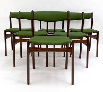 (6) ERIK BUCH STYLE DANISH TEAK DINING CHAIRS: Dimensions: H 30.5" x W 18.5" x D 16.5" x SH 18". Condition: Minor scuffs and rubs to wood. Some pilling to wool. Wear consistent with age and use.