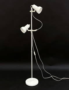 LIGHT STUDIO BY HORN SCANDINAVIAN FLOOR LAMP: Metal floor lamp with (2) adjustable lamp heads. Tags to lamp heads. Dimensions: H 53" x Dia. 10". Condition: Wiring untested, European plug. Minor scuffs to metal. Wear consistent with age and use.